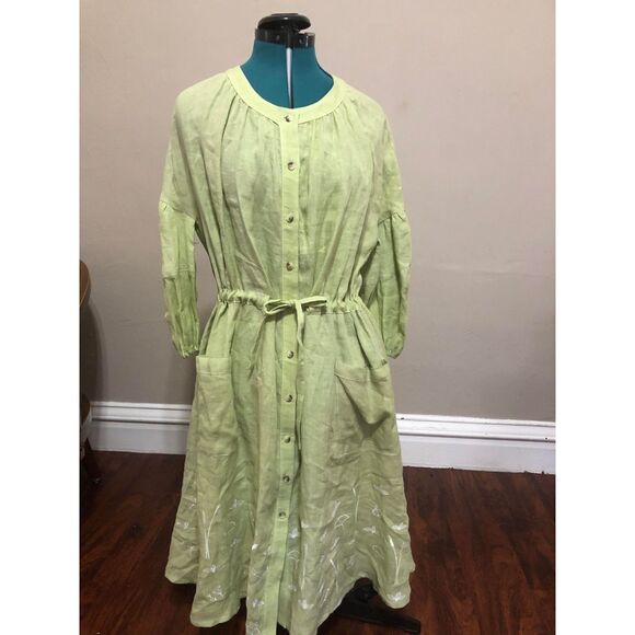 Oh Seven Days Embroidered Linen Green Lagenlook Shirt Dress, Embroidered, OS - Picture 1 of 9